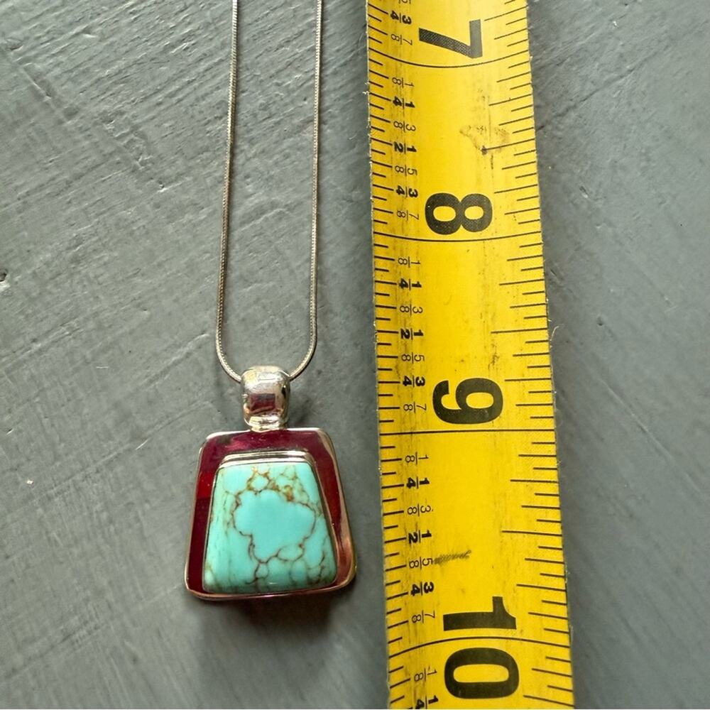 ATI Mexico 925 Sterling Silver Turquoise Pendant & Chain Necklace VINTAGE - Picture 2 of 8
